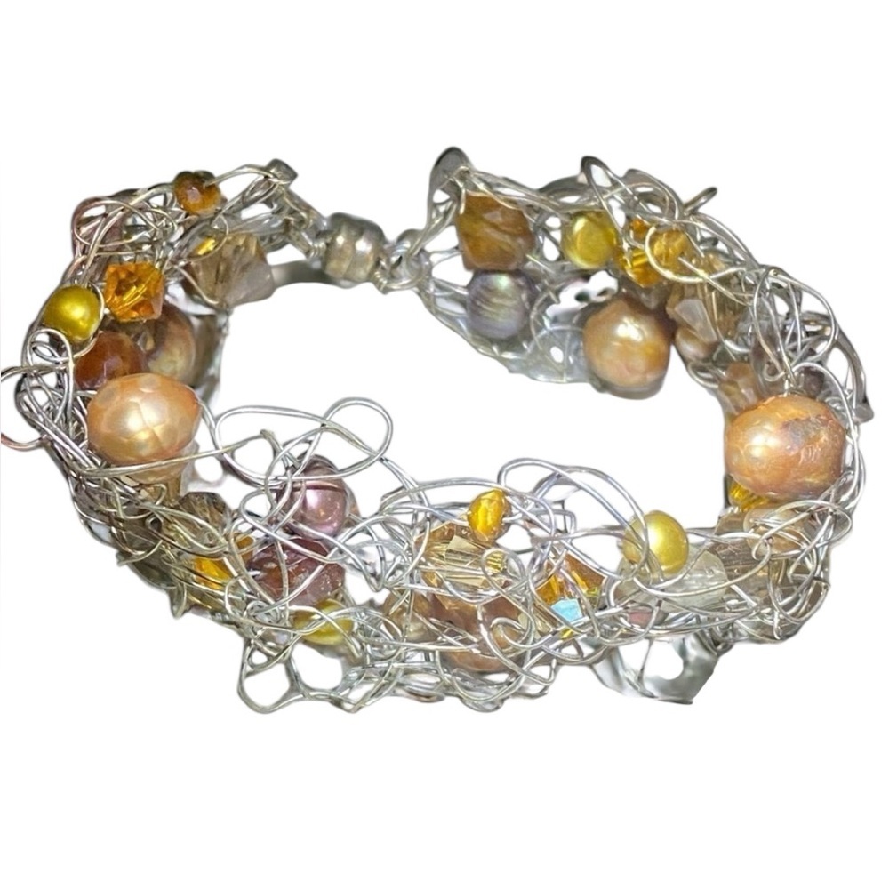 Silver Tone Braided Wire Freshwater Pearl Crystal Beaded Bead Chain Bracelet
